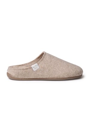Beige Wollsandale mit einem Rutschdesign, runder Zehenpartie, genähten Details und einer strukturierten braunen Gummisohle. Verfügt über ein kleines Markenetikett.