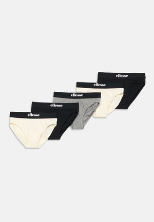 Five pairs of Ellesse branded briefs in black, white, and gray, arranged diagonally on a white background.