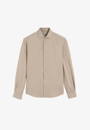 Beige long-sleeve shirt made of soft fabric, featuring a classic collar and button-down front, with a small logo embroidered on the chest.
