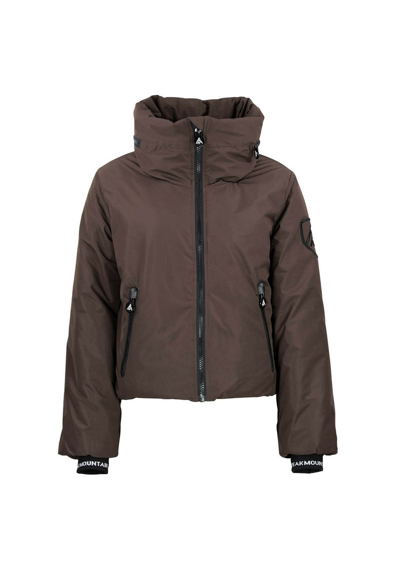 Veste courte marron avec un col haut, deux poches zippées extérieures et des poignets élastiques avec branding ; texture de tissu lisse et mat.