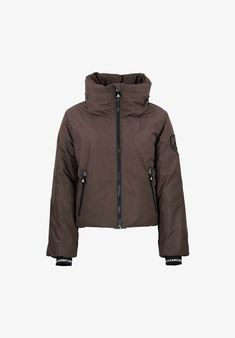 Veste courte marron avec un col haut, deux poches zippées extérieures et des poignets élastiques avec branding ; texture de tissu lisse et mat.