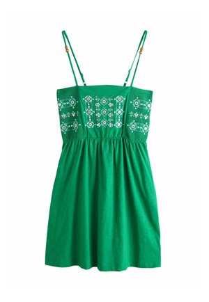 Zöld ujjatlan ruha vékony pántokkal, hímzett geometriai mintákkal és apró díszítő gyöngyökkel a felsőrészen.