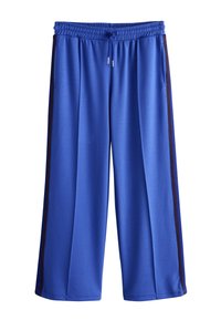 Kék sportnadrág laza szabással, gumis derékrésszel, húzózsinórral és kontrasztos oldalsávokkal. Két oldalzsebbel ellátva.