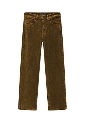Pantaloni in corduroy marroni con design a gamba dritta, dotati di tasche frontali, passanti per la cintura e una superficie testurizzata.