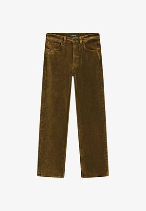 Brązowe spodnie z korduroju o prostym kroju, z kieszeniami z przodu, szlufkami na pasek oraz fakturowaną powierzchnią.