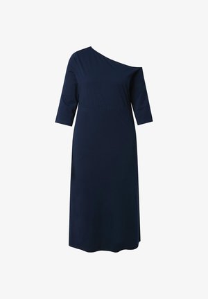 Abito midi blu navy con maniche a tre quarti e scollo asimmetrico monospalla, aderente in vita.