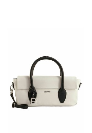 Sac à main en cuir blanc avec poignées noires, bandoulière noire amovible, logo « PICARD » et garnitures argentées sur fond blanc.