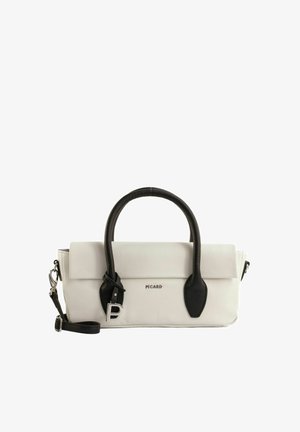 Sac à main en cuir blanc avec poignées noires, bandoulière noire amovible, logo « PICARD » et garnitures argentées sur fond blanc.