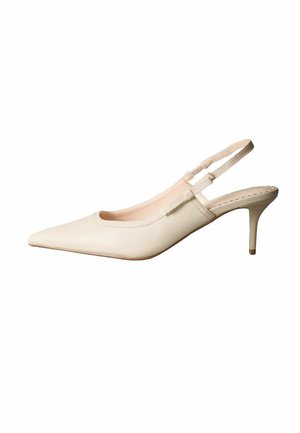 Beige slingback heel, pointed toe, with a subtle sheen. Features a slender strap and a 3-inch stiletto heel. Smooth texture, minimalist design.