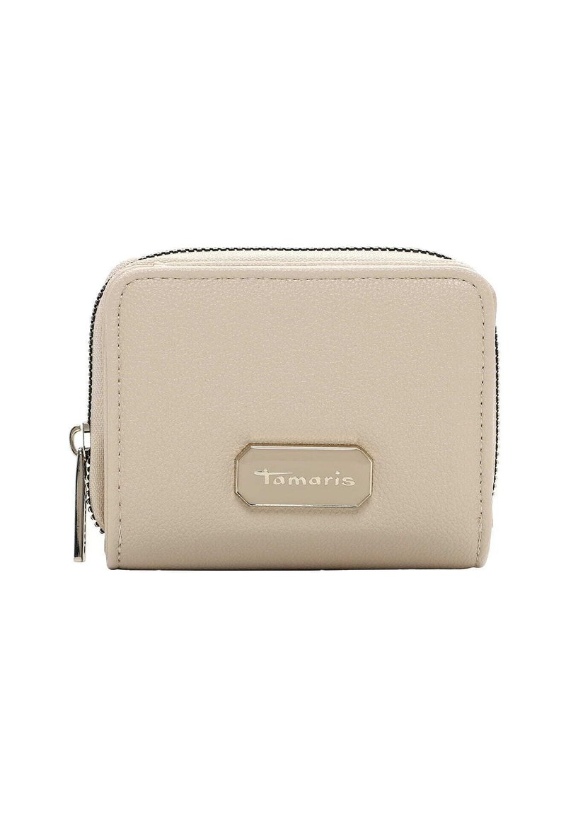 Beige Tamaris wallet with textured faux leather, rectangular shape, zip closure, and a silver logo plate on the front.