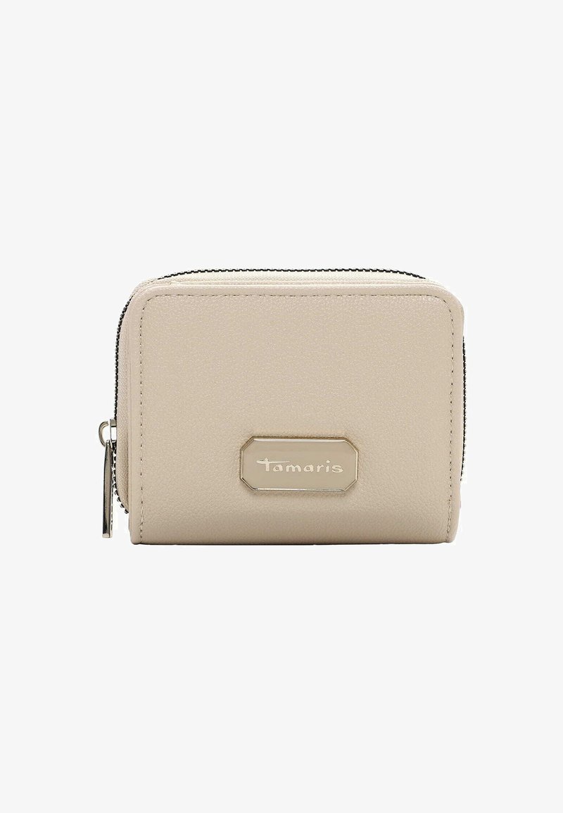 Beige Tamaris wallet with textured faux leather, rectangular shape, zip closure, and a silver logo plate on the front.