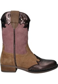 Westerse enkelboots van bruin en roze suede met een metallic bronzen neus en decoratieve sterren op het bovenstuk.