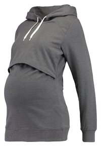 Szara bluza ciążowa z kapturem wykonana z miękkiego materiału, z krótkim krojem, kapturem ze sznurkiem oraz ściągaczami na mankietach i dole dla lepszego dopasowania.