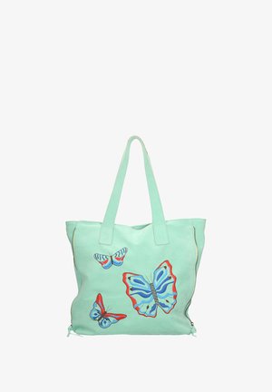 Sac fourre-tout vert menthe avec des motifs de papillons en bleu et rouge. Il dispose de deux poignées solides et d'accents zippés sur les côtés.