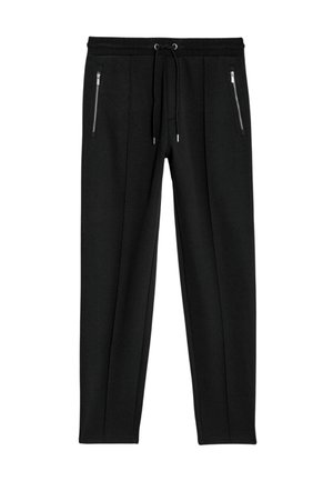 Pantalones de chándal negros con una cinturilla ajustable, dos bolsillos con cremallera y una textura de tela suave. Diseño de pierna recta, ajuste casual.