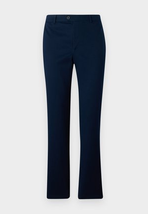 Marineblaue Hose mit geradem Schnitt, ausgestattet mit einem einzelnen Knopfverschluss vorne und Gürtelschlaufen, aus einem glatten Gewebe gefertigt.