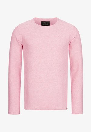 Light pink knitted sweater with a round neck, long sleeves, and textured fabric. Features a small logo tag at the bottom left.