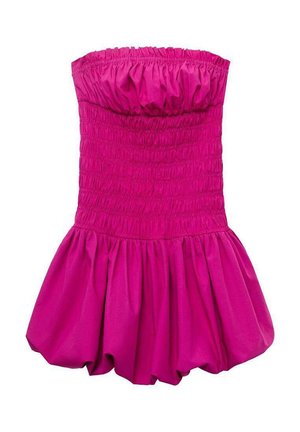 Fuchsia strapless dress with ruched bodice and voluminous flared skirt. Made from smooth fabric, featuring a gathered top edge.