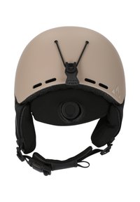 Helm mit einer matten beigen Außenschale, schwarzer Innenpolsterung, verstellbarem Kinnriemen und Belüftungsöffnungen. Enthält ein rundes Einstellrad.