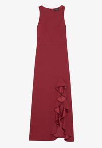 Bordeaux Kleid mit eng anliegendem Oberteil, rundem Ausschnitt und Rüschenelement an der Seite. Der Stoff wirkt glatt mit einem leicht strukturierten Design.