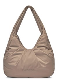 Bolso hobo de nailon beige con un diseño suave y acolchado, que presenta una gran abertura y una cremallera discreta en la parte superior. Logo impreso en la parte frontal.