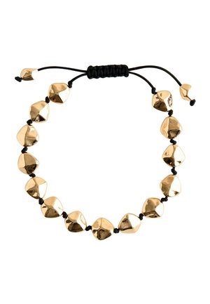 Verstellbares schwarzes Kordelarmband mit einer Reihe glänzender, unregelmäßig geformter goldener Perlen, die gleichmäßig entlang der Länge verteilt sind.