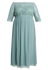 Axelång klänning med spetsliv i mjuk teal, med korta ärmar och en flödande, veckad chiffongkjol.