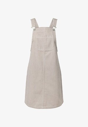 Robe tablier à rayures verticales beige et blanche avec poche poitrine à l'avant et bretelles ajustables avec boucles métalliques.