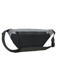Marsupio a rete nera con pannello superiore grigio, tasca frontale con zip, cinturino regolabile e una silhouette triangolare elegante. Tessuto leggero.