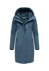 Parka bleue isolée avec une capuche doublée en fausse fourrure, fermeture éclair, deux poches avant et cordons de serrage ajustables sur la capuche.