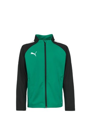 Groene en zwarte zip-up jas met hoge kraag, lange mouwen en Puma-logo in het wit. Zacht materiaal met contrasterend mouwontwerp.
