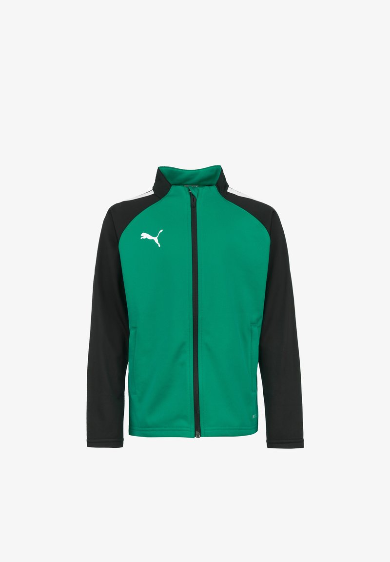Groene en zwarte zip-up jas met hoge kraag, lange mouwen en Puma-logo in het wit. Zacht materiaal met contrasterend mouwontwerp.