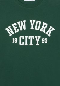 Tessuto verde con testo bianco che recita "NEW YORK CITY 1993" in grassetto, con un carattere in stile collegiale al centro.