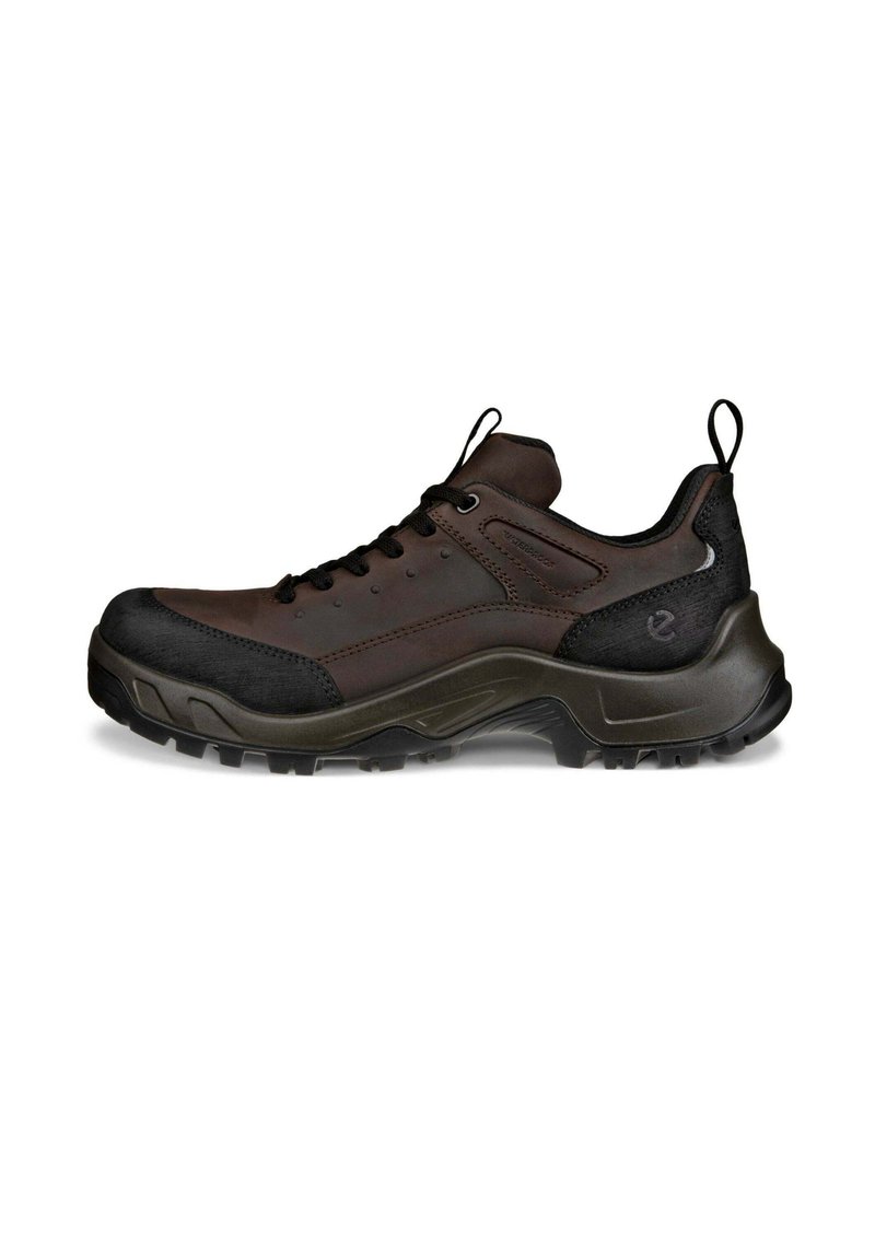 Zapato de senderismo marrón con una suela de goma resistente, parte superior de cuero y detalles en negro. Cuenta con una puntera reforzada y un acolchado en el collar para mayor comodidad.