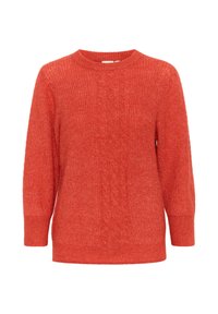 Pull en tricot rouge à col rond et à manches longues. Texture douce avec un ourlet côtelé et un motif de torsade central.