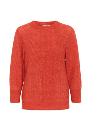 Maglione rosso a treccia con scollatura rotonda e maniche lunghe. Morbido al tatto con orlo a coste e un motivo centrale a treccia.