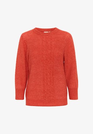 Červený sveter s pleteným vzorom, okrúhlym výstrihom a dlhými rukávmi. Mäkká textúra s rebrovaným lemom a centrálnym káblovým vzorom.
