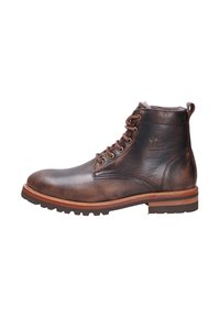 Bottines en cuir marron avec un bout arrondi, un système de laçage, une surface texturée et une semelle en caoutchouc avec un motif cranté.