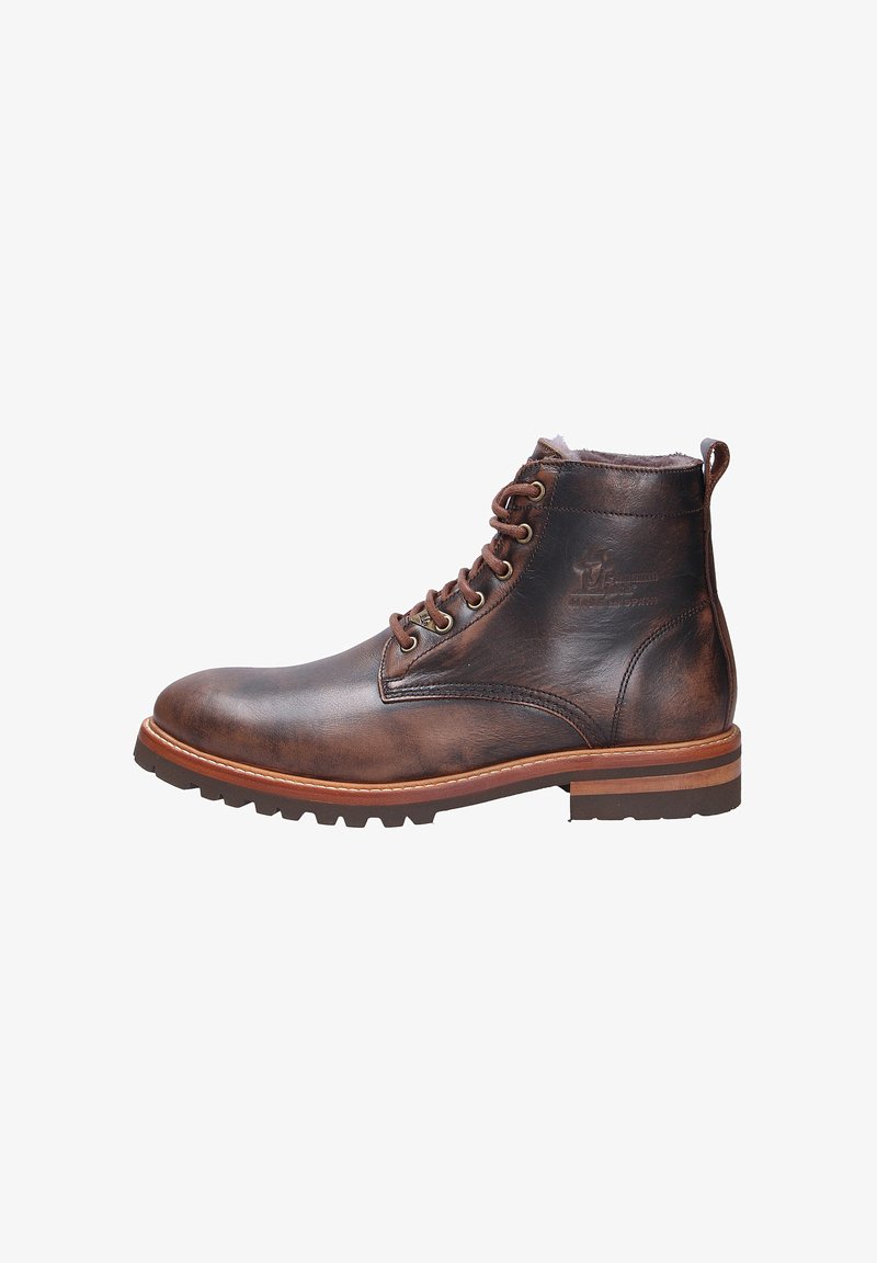 Braune Leder-Stiefeletten mit runder Zehenform, Schnürdesign, strukturiertem Obermaterial und Gummisohle mit rutschfestem Muster.