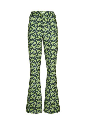 Schicke Schlaghosen mit einem grünen und marineblauen Blumenmuster, aus leichtem Stoff und mit einem Knopfverschluss an der Taille.