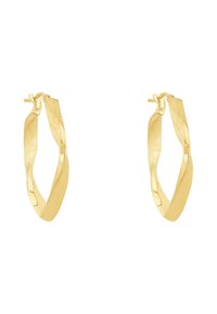 Gouden oorbellen met een gedraaide ontwerp. Glad en gestructureerd oppervlak met een stevige sluiting. Lichtvangende, minimalistische ovale vorm.