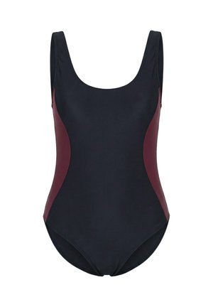 Heldragt med sort front og mørkerøde sidepaneler, rund halsudskæring og brede skulderstropper.