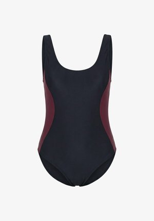 Heldragt med sort front og mørkerøde sidepaneler, rund halsudskæring og brede skulderstropper.