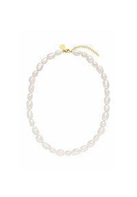 Collier en perles d'eau douce blanches aux formes irrégulières, relié par du matériel en or et une délicate chaîne réglable pour personnaliser la longueur.