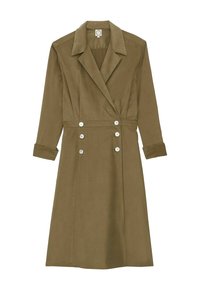 Robe verte olive à manches longues avec un col châle, un devant à double boutonnage et une taille ajustée. Fabriquée dans un tissu lisse.