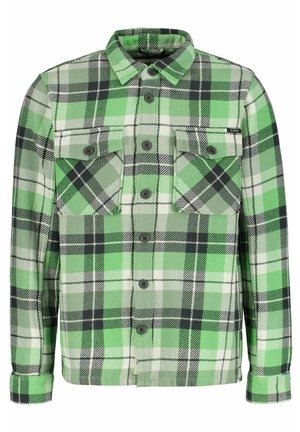 Green, black, and white plaid button-up shirt with collar, long sleeves, and two chest pockets with button flaps.