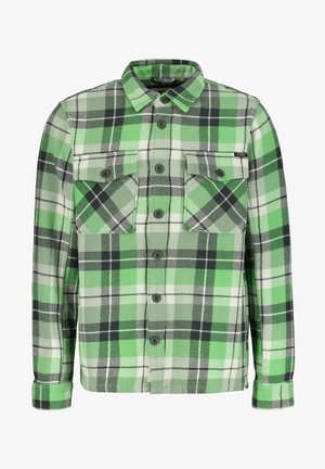Camisa de cuadros en verde, negro y blanco con botones, cuello, mangas largas y dos bolsillos en el pecho con solapas y botones.