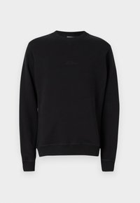 Zwarte sweatshirt met ronde hals, gemaakt van zachte stof. Kenmerkend zijn de geribbelde manchetten en onderkant, met een subtiele geborduurde logo op de voorkant.