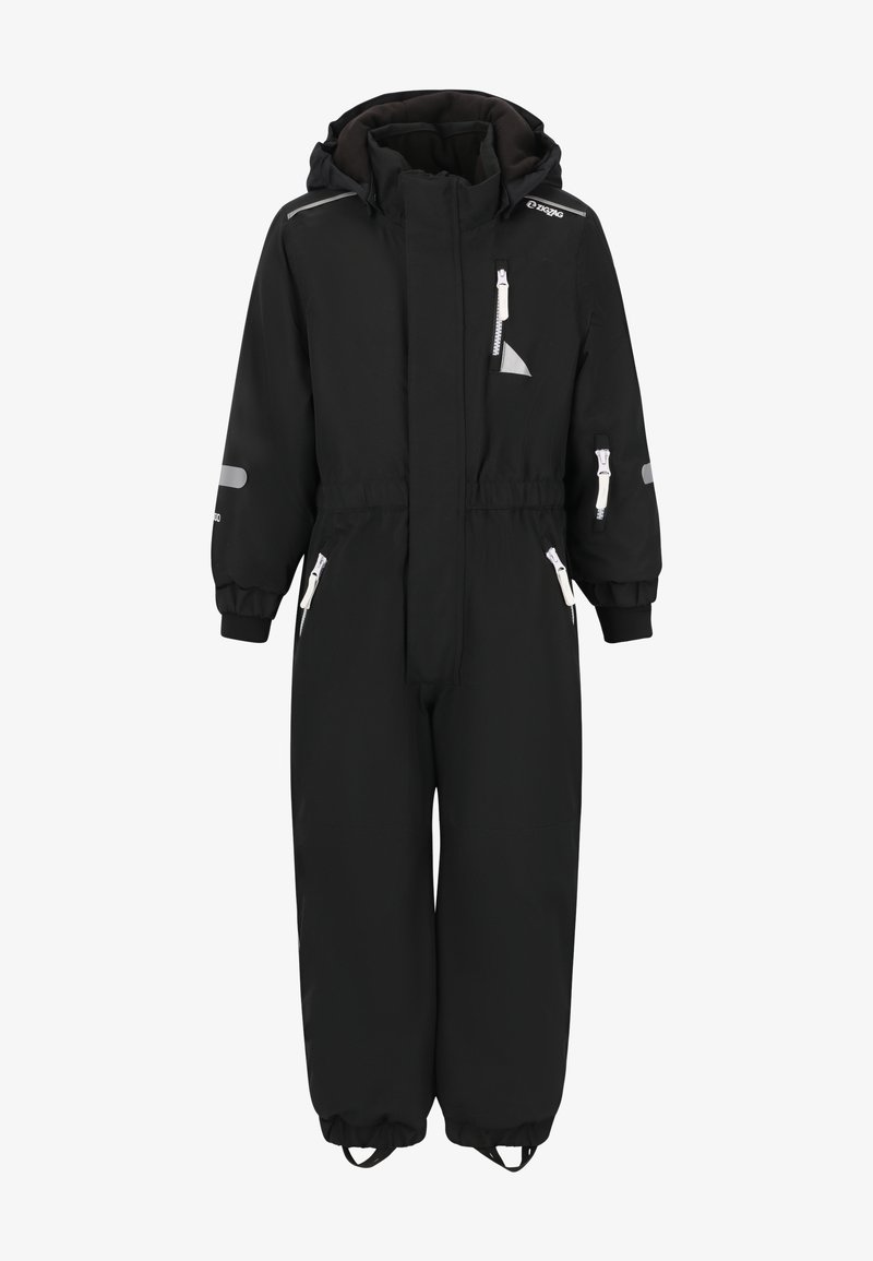 Mustikkasävyinen lämpöeristetty talvipuku, jossa on huppu, useita vetoketjullisia taskuja, heijastavia yksityiskohtia sekä joustavat hihansuut nilkoissa ja ranteissa.