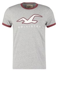 Grå kortärmad t-shirt med vinröd halsringning och ärmslutar. Har en stor vit logotyp och texten "HOLLISTER" över framsidan.